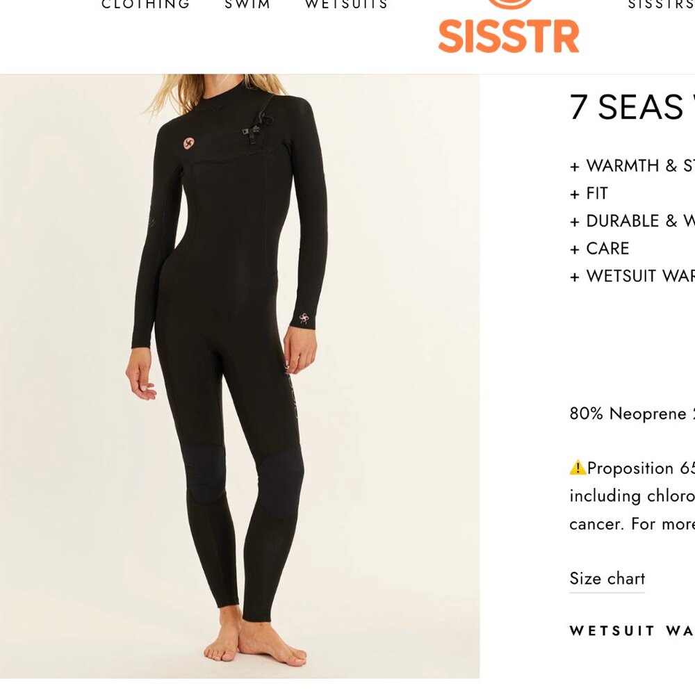 Sisstr Seven Seas 4/3mm chest zip full wetsuit. Size 10.
